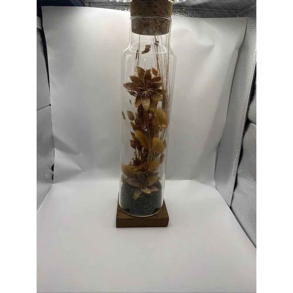 Vintage Boho Glass Bottle Dried Floral Arrangement 14.5” Cork Stopper Home Decor